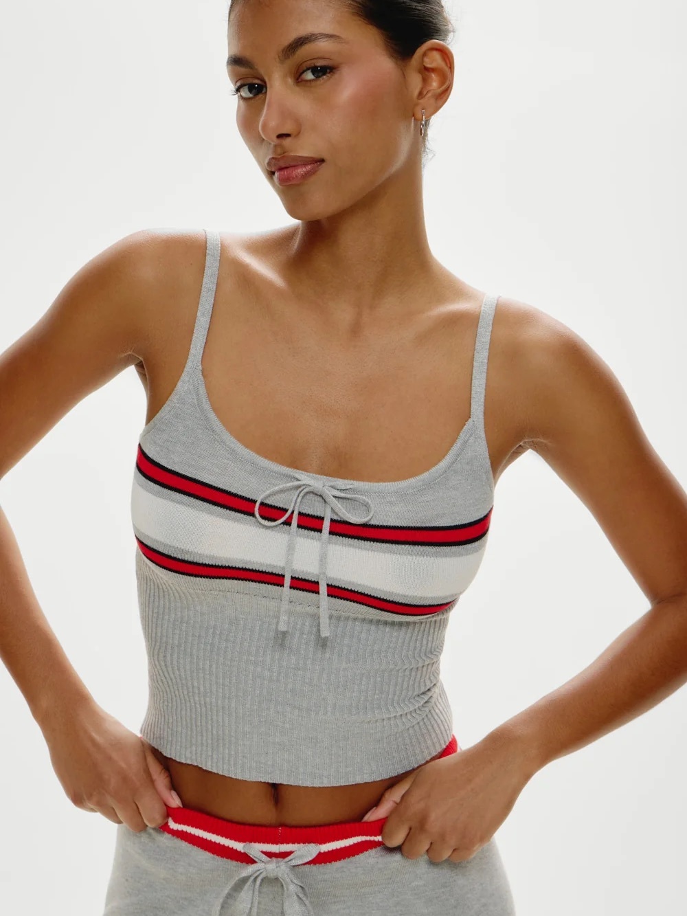 Frankie's Bikinis Barrymore Knit Tank Top Gray Ribbed Cami Red White Stripe